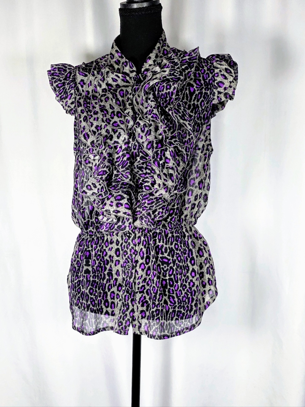Miley Cyrus Max Azria Blouse Women XL Leopard Print Ruffle Sheer Peplum Top - Picture 4 of 8